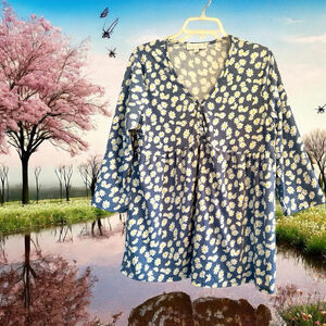 Susan Betro Weekend Floral Tunic Top Womens Large Pull Over 3/4 Sleeve Daisiesu